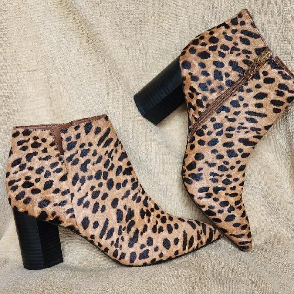 Franco Sarto Leopard Dyed Leather Black Heel Point Toe Booties 8.5M